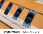 Small photo of A new iPhone 14 Pro Max is displayed at the Apple The Grove in Los Angeles, Sept. 16, 2022. Apple's iPhone 14 lineup and Apple Watch Series 8 are available to purchase in-store starting Friday.