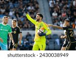 Small photo of Los Angeles FC goalkeeper Hugo Lloris #1 in actions against the Seattle Sounders during an MLS soccer match at BMO Stadium, Feb. 24 2024, in Los Angeles.