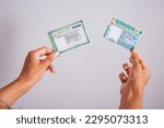 Small photo of Hands holding driver's license and identity card. Brazilian documents. English translation is (National Driver's License for a motor vehicle) and (Identity card)