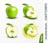 3d realistic transparent isolated vector set, whole and slice of green apple, apple in a splash of juice with drops