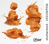 3D realistic vector set of a splash of caramel, slices and pieces of caramel, a splash in the form of a crown and a swirl