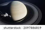 Voyager Space Probe Approaching Planet Saturn 3D Rendering
