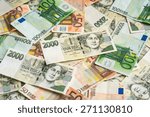 Czech 2 thousand and Euro 50 and 100 money banknotes background