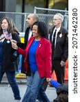 Small photo of Boston, Massachusetts - November 6, 2021: Boston interim mayor Janey and mayoral elect Michelle Wu attended the Veterans Day Parade in Boston.