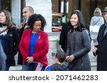 Small photo of Boston, Massachusetts - November 6, 2021: Boston interim mayor Janey and mayoral elect Michelle Wu attended the Veterans Day Parade in Boston.