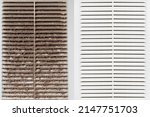 Clean and dirty hood grill. Background lattice of an exhaust hood. Before and after cleaning. Close up. Cleaning service
