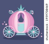 Cute pink cinderella princess carriage with floral decoration and stardust cartoon vector illustration. Medieval kingdom transport.