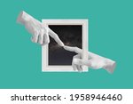 Digital collage modern art. Hands, pointing finger through out of picture frame
