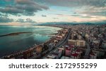 Taken with a drone from the Atakum district of Samsun; View of the city, sunset, Kurupelit Yacht Harbor coast.