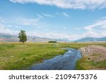 Scenic green landscape with mountain creek in sunlit grassy steppe among mountains under clouds in blue sky at changeable weather. Colorful scenery with mountain brook with clear water in bright sun.
