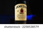Small photo of Bottles of Jameson Irish Whiskey. Close up. Jameson whisky is the smoothest whisky in the world. Dark blue background. Russia, Krasnodar, December 16, 2022