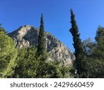 Small photo of Delphi, Greece - January 3, 2022: Behind the tall trees rises the eastern rock of Flemboukos - one of the inaccessible rocks of the Phaedriad rock on the southern slope of Parnassus.