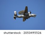 Small photo of Wallops Flight Facility, Virginia, USA - October 1, 2021: E-2D Hawkeye Advanced 645 from VAW-120 squadron, performing touch and goes at Wallops Flight Facility.