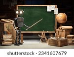 Small photo of Humanoid robot is explaining something at the blackboard. Classroom interior with educational subjects. Concept of the future of artificial intelligence and the 4th fourth industrial revolution.