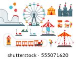 Amusement park vector flat elements isolated on white background for infographic map design. Architecture entertainment elements for family rest in the park. Colorful Ferris wheel, carousel, circus