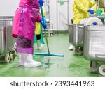 Small photo of Floor care and cleaning services with washing mob in slaughter house.