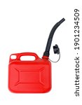 Small photo of Red plastic canister with black spout for gasoline or other fuel. Isolated on white.