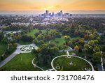 Sunset over Denver cityscape, aerial view from the city park