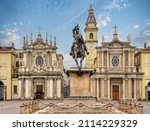 Small photo of Turin, Piedmont, Italy: equestrian monument of Emmanuel Philibert in St Charles square and twins churches of Santa Cristina and Sant Carlo (right)