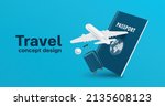 The airplane and luggage floated in front of the passport for air transport media and tourism during high season,vector 3d isolated on blue background for travel transport advertising design