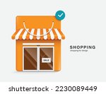 Shop or store shaped with orange shopping bag and there is an order confirm icon pop up above and in front of entrance door there is SALE sign hanging,vector for shopping promotion advertising design