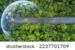 Small photo of Electric car and EV electrical energy for environment, EV car on forest road with earth planet going through forest, Ecosystem ecology healthy environment, Electric car with nature, Save earth energy.