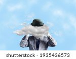 Businessman in a hat, with a cloud instead of a head, with arms raised. The concept of tough decision making, creative thinking, creativity, business. Business.