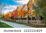 Small photo of Quite and colorful sidewalk at residential area in British Columbia Canada. Beautiful fall foliage and row of single-family houses. Beautiful autumn colors. Nobody, street photo