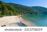 Small photo of Black Beach in Big Island, Angra dos Reis, Rio de Janeiro, Brazil. Sunny day at the beach with crystalline and turquoise water. Landscape with palm trees and many trees on the paradisiacal beach.