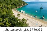 Meros beach in  Big Island, Angra dos Reis, Rio de Janeiro, Brazil. Sunny day at the beach with crystalline and turquoise water. Landscape with palm trees and many trees on the paradisiacal beach. Dro