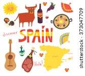 Set of  more than 12Spanish symbols: bull, guitar, map, paella, wine, guitar, olive oil, castanets(music instrument), jamon(Spanish meat) and others. Hola means hello in Spanish. For touristic agency.