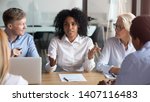 Small photo of African american businesswoman talking to clients make business offer explain deal benefit convince diverse partners at group negotiation meeting, mixed race manager consult customers sell services