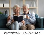 Small photo of Happy middle-aged 50s husband and wife sit relax on couch in living room reading book drinking tea together, calm elderly 60s couple booklovers rest at home enjoy story novel on weekend