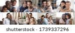 Small photo of Happy multiethnic young adult and old daddies hugging children looking at camera. Smiling african and caucasian dads posing with kids for family faces headshots portraits. Fathers day concept. Collage