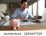 Man sit at desk manage expenses, calculate expenditures, pay bills online use laptop, makes household finances analysis, close up focus on pink piggy bank. Save money for future, be provident concept