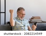 Small photo of Happy excited grandfather holding smartphone, laughing, shouting for joy, getting good news, reading text message on screen, making winner yes hand gesture. Surprised older man winning prize