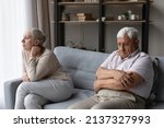 Small photo of Sad senior couple sit on sofa separately, looking upset and frustrated due to fight, think of relationships problem, ignoring, tired each other. Spouses avoid communication, misunderstanding concept
