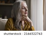Small photo of Dreamy peaceful aged female rest sit on sofa looks aside feel carefree spend leisure alone at home, deep in pleasant memories and thoughts. Contemplation, relax, older beautiful woman portrait concept
