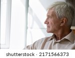 Small photo of Side profile view serious pensive senior single man sit indoors staring out window, copy space. Recall, memories, remembers past, resting on retirement. Midlife, pensioner portrait, nostalgia concept