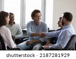 Small photo of Team of multi ethnic businesspeople finish business training or formal meeting in office with shake hand. Psychological counselling group event end, express respect, make recognition gesture concept