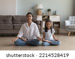 Small photo of Silent Indian woman and preschooler 5s serene daughter meditating seated in lotus position on warm floor in modern living room. Good life habit, healthy lifestyle, yoga practice with children at home
