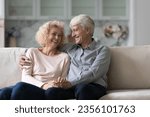 Small photo of Joyful older retired husband and wife enjoying dating, love relationship, anniversary, leisure together, hugging, holding hands on home couch, talking, smiling, laughing at joke