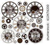 clock faces with parts on white ... | Shutterstock .eps vector #613476200
