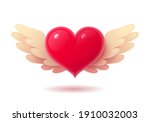 Red Realistic Heart With Wings. ...