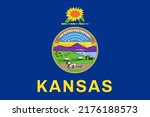 Flag of Kansas, symbol of USA federal state. Kansasian full frame federal flag with state seal on dark blue field, symbol of nature and history of Kansas realistic vector illustration