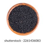 Small photo of Black cumin seeds in wooden bowl, isolated on white background. Heap of black nigella seeds. Nigella sativa. Top view