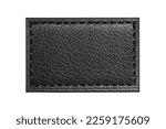 Black leather belt strap closeup isolated on white. Black stitched leather seam frame label tag isolated on white. Empty copy space fashion background. Textile frame cutout.