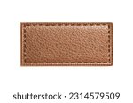 Brown leather belt strap closeup isolated on white. Brown stitched leather seam frame label tag isolated on white. Empty copy space fashion background. Textile frame cutout. 