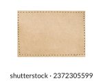 Small photo of Brown suede belt strap closeup isolated on white. Brown stitched leather seam frame label tag. Empty copy space fashion background. Stitch patch cutout.