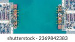 Small photo of Aerial top view of container ship loading and unloading at cargo shipping port at hot day, Global business cargo freight transportation, nautical vessel, container box, cargo container in deep seaport